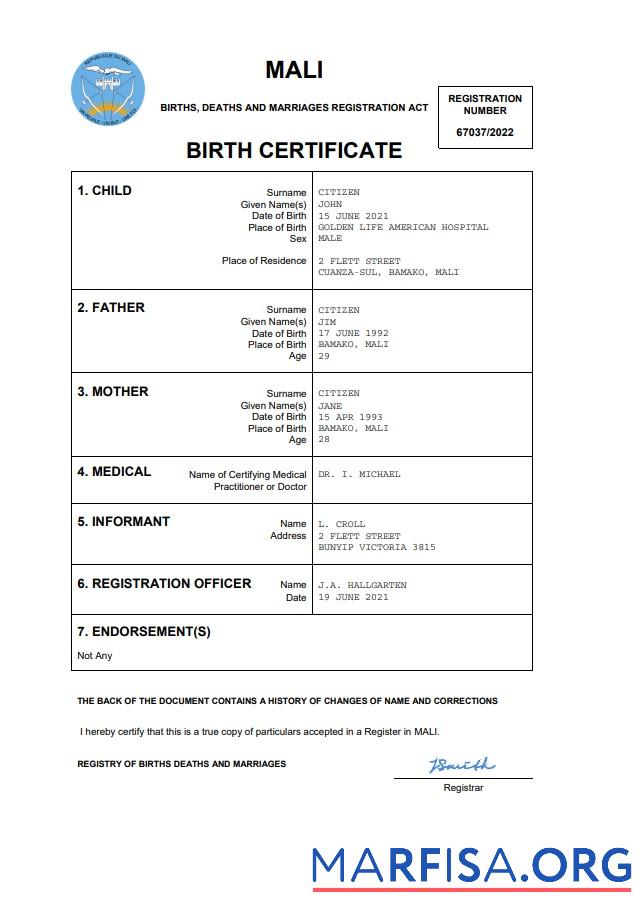 Realistic Mali vital record birth certificate Word and PDF template